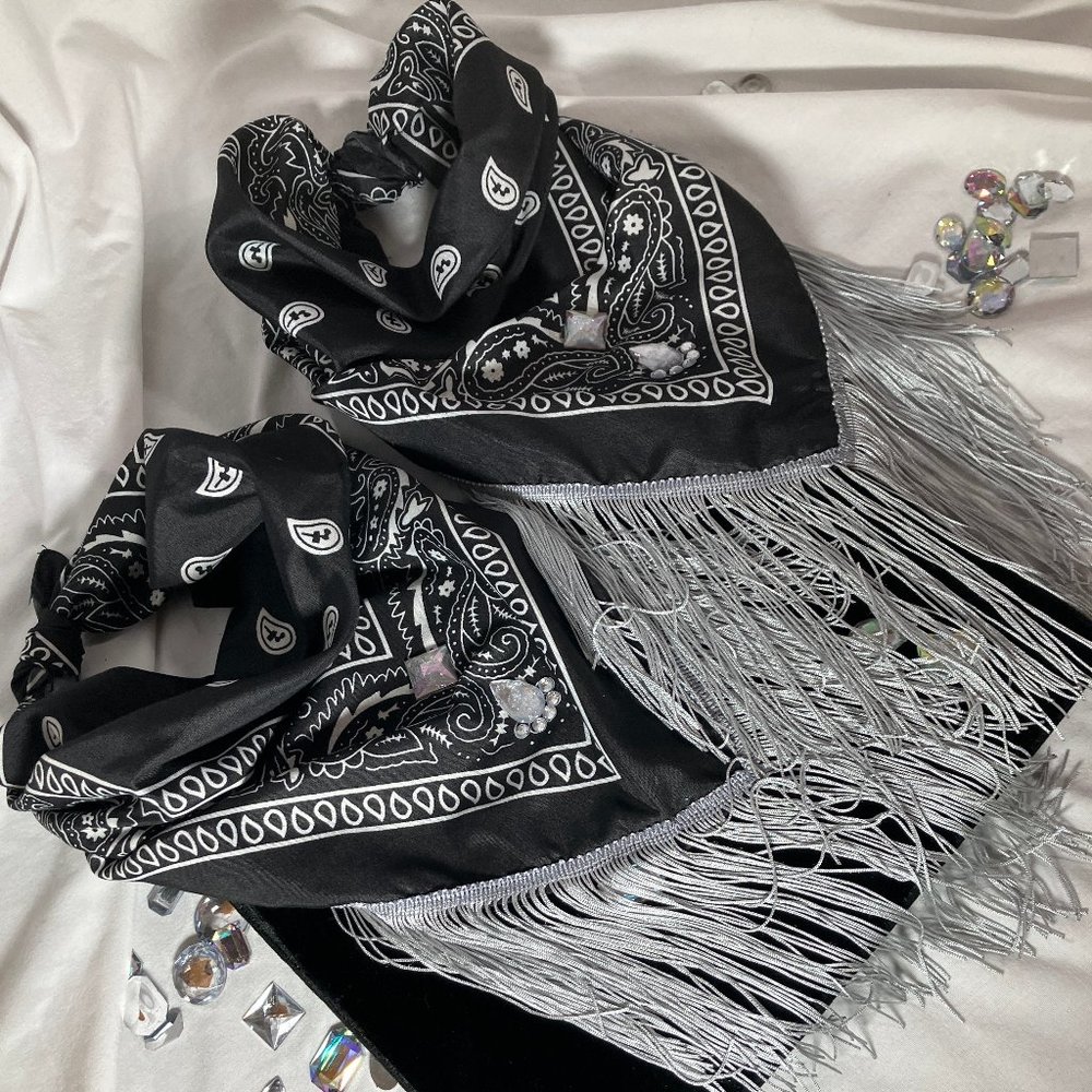 Fringed Blinged out Black Bandana with - Picture 9 of 16